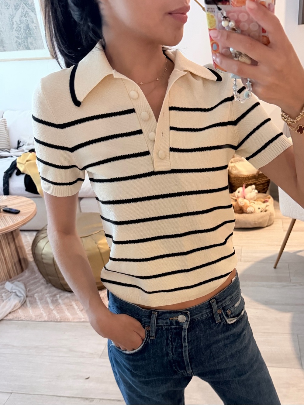 Zimmermann Cream and Black Striped Polo Knit Shirt
